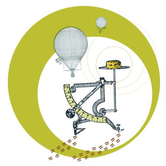 Illustration som visar en brevvåg med en guldklimp på. I bakgrunden lyfter två luftballonger från förra sekelskiftet.